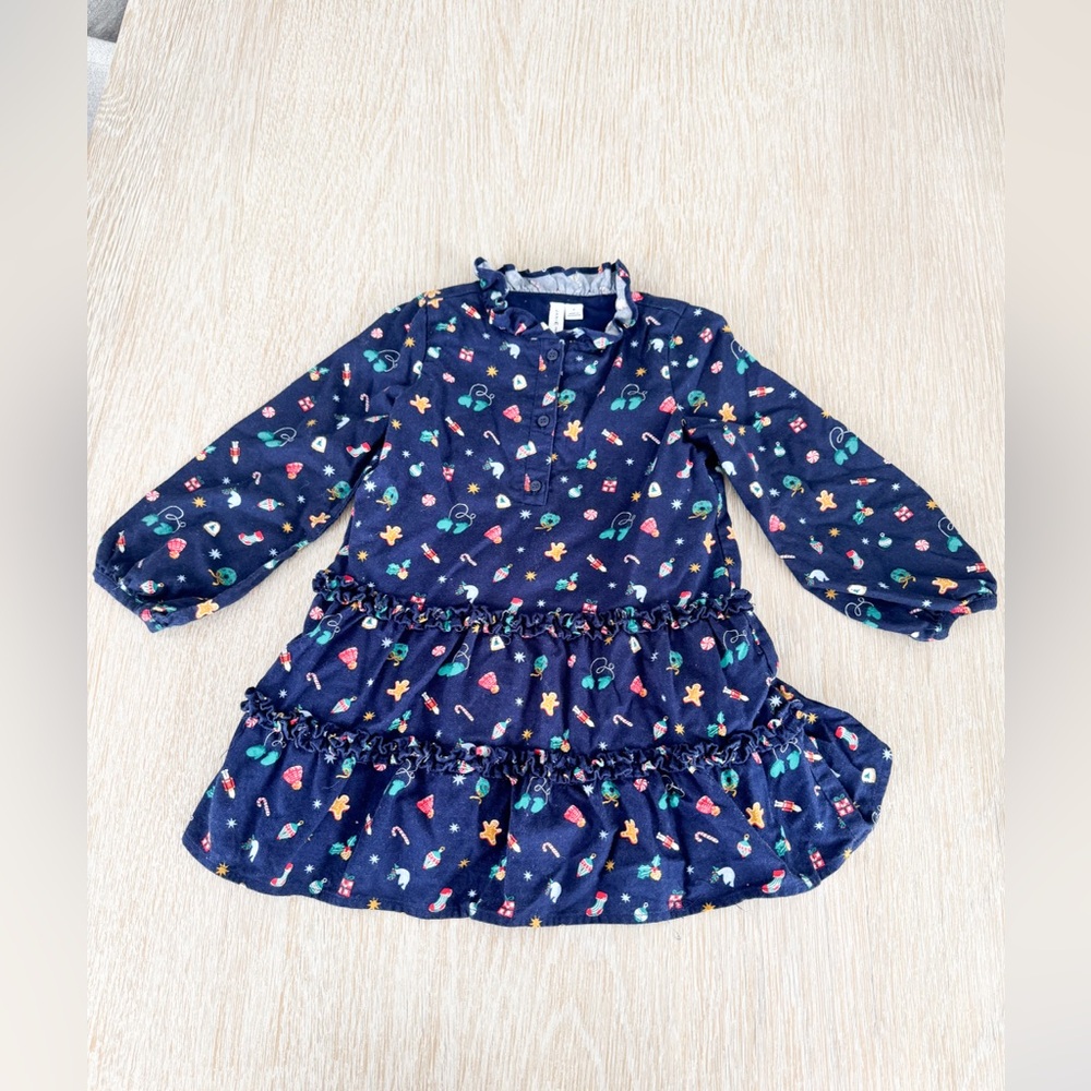 Janie and Jack Christmas Girls' Navy Tiered Long-Sleeve Dress